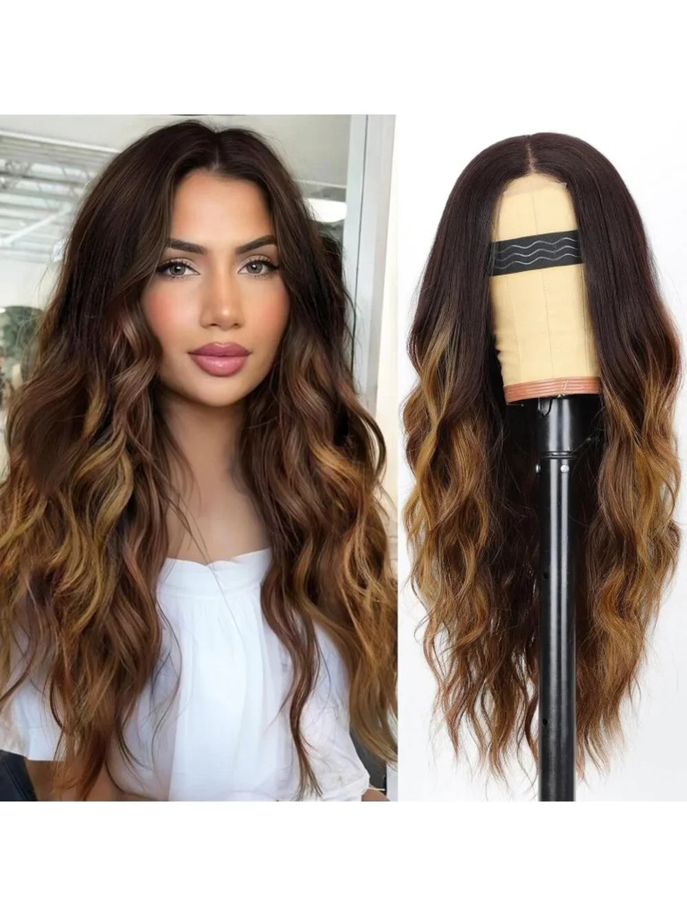 Women's Brown Highlight Lace Hairline 26 Inch Synthetic Heat Resistant Wavy Wigs